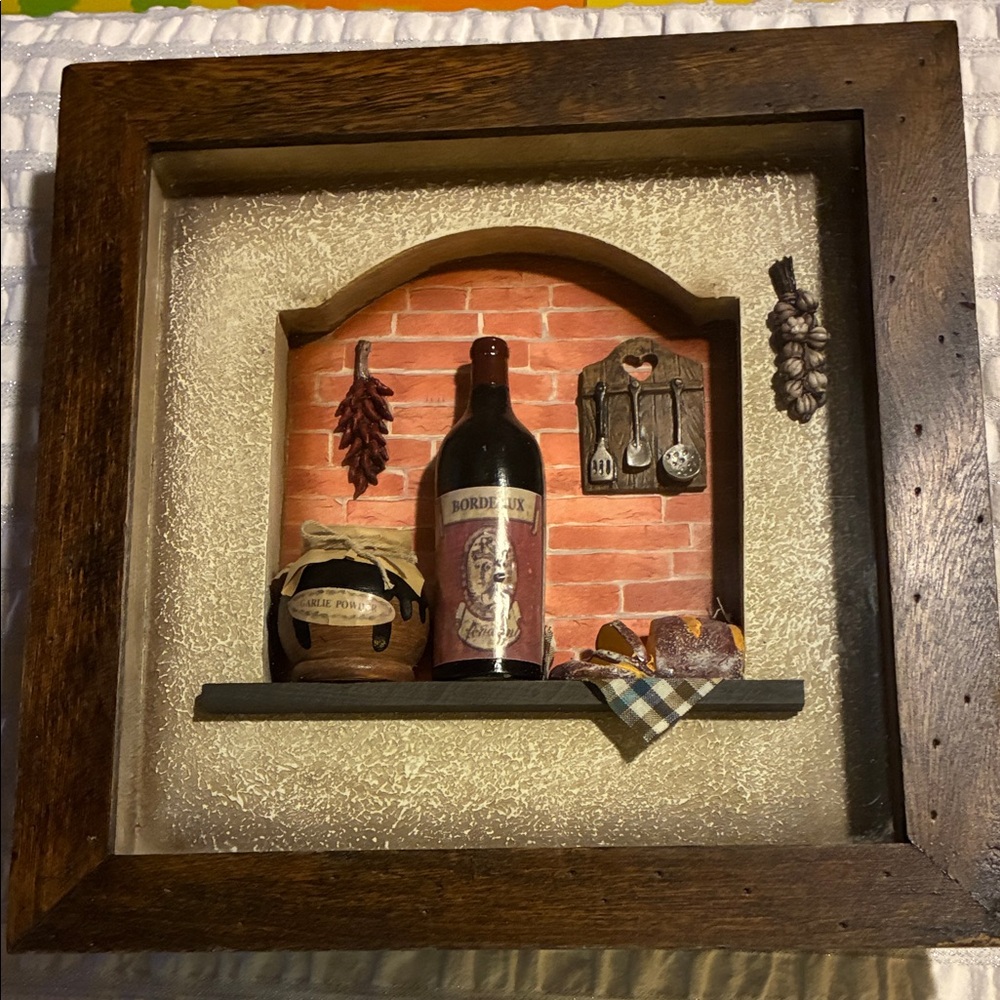 Rustic Kitchen Wall Shadow Box Art with Wine Bottle and Utensils